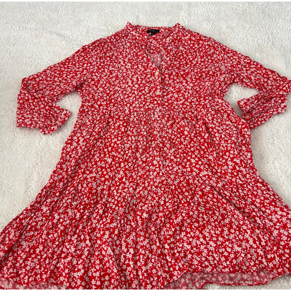 J. Crew Hadid Shirt Dress Large Tossed Bouquet Print Red White Floral Romantic - Picture 2 of 6